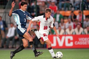 Michael Owen accelerates past José Antonio Chamot on his way to scoring his most memorable goal.