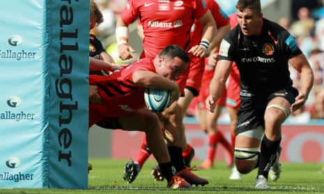 Jamie George of Saracens goes over to score his team’s fifth try.