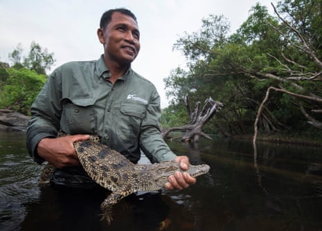 A man holds a small crocodile next to some trees.