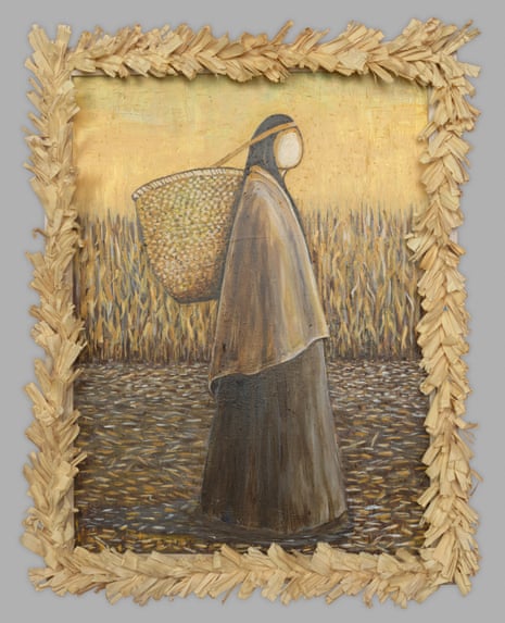 a drawing of a woman carrying a basket