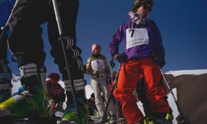 Competitors wait at the top of the hill before competing in the Afghan Ski Challenge