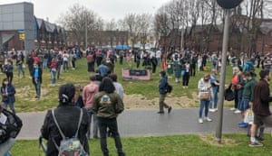 Photo taken with permission from the Twitter feed of @theefer of the queue outside Walthamstow Library in east London, for a coronavirus vaccination, after it was announced people could walk in for surplus vaccine stock on 31 March, 2021.