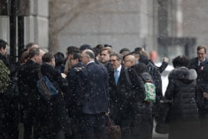 Members of a U.S. trade delegation arrive at the China’s Ministry of Commerce.