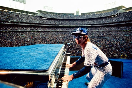 Elton John performing at Dodger Stadium in Los Angeles, October 1975.