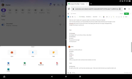 Split-screen apps on the Amazon Fire Max 11 tablet.