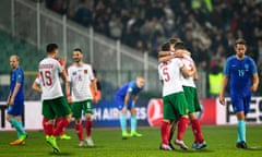 Bulgaria’s Spas Delev steals in in front of the Holland defender Matthijs De Ligt to score Bulgaria’s first goal in what was a miserable first cap for the young Dutch player in Sofia.