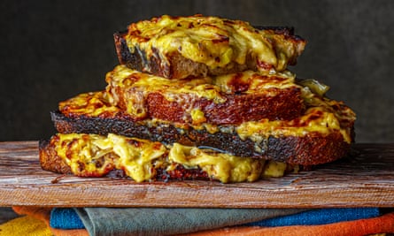 Cheddar on toast with sweet leeks recipe by Emily Scott.