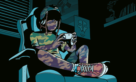 A drawing depicting a young, dark-haired teenage boy with red sneakers and a helmet, sitting in a gaming chair with a controller in his hands, as the shadow of combat camouflage washes over him