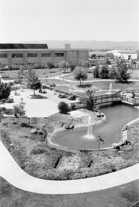 black and white photo shows a park with a pond and fountain, and a building in the background