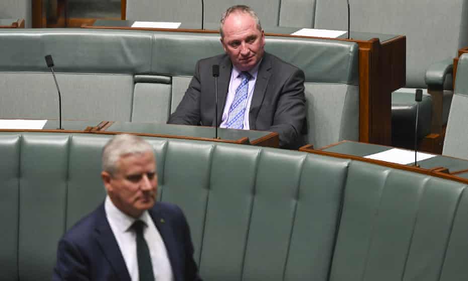 Nationals MP Barnaby Joyce and Australian Deputy Prime Minister Michael McCormack during House of Representatives Question Time at Parliament House in Canberra, February 6, 2020. 