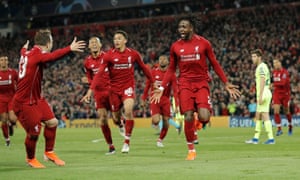 Divock Origi celebrates after scoring Liverpool’s fourth goal at home to Barcelona.