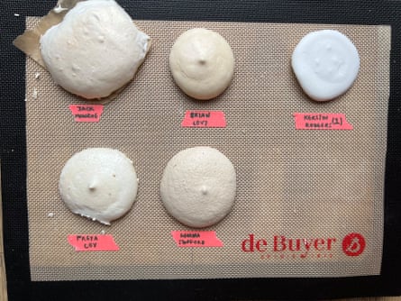 A selection of vegan meringues – five in fact – on a bit of muslin.
