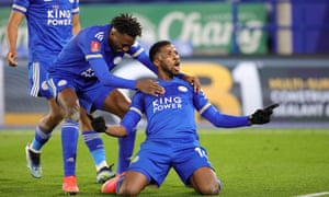 Leicester City v Manchester United: Emirates FA Cup Quarter Final<br>LEICESTER, ENGLAND - MARCH 21: Kelechi Iheanacho of Leicester City celebrates after scoring to make it 3-1 during the Emirates FA Cup Quarter Final match between Leicester City and Manchester United at The King Power Stadium on March 21, 2021 in Leicester, United Kingdom. Sporting stadiums around the UK remain under strict restrictions due to the Coronavirus Pandemic as Government social distancing laws prohibit fans inside venues resulting in games being played behind closed doors. (Photo by Plumb Images/Leicester City FC via Getty Images)