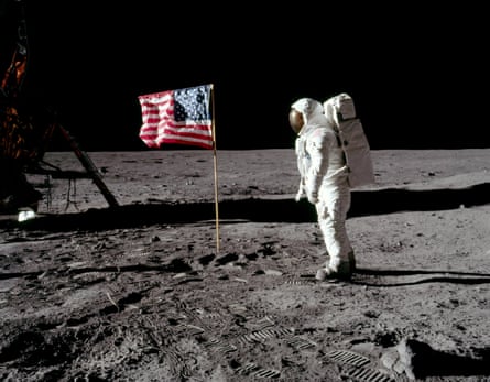 Buzz Aldrin poses for a photograph beside the United States flag on the moon, 1969