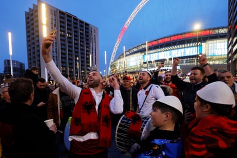 Time for a selfie amongst the Albanian fans outside the stadium ahead of the World Cup 2026 Qualifier between England and Albania at Wembley Stadium.