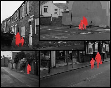 Black and white photographs of empty streets with red silhouettes of adults and children added throughout