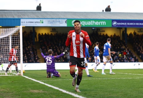 Sheffield United's William Osula celebrates scoring their second goal at Gillingham.