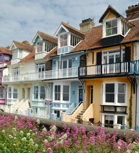 Colourful seafront houses and wild flowers in Whitstable, Kent, England, in 2007.