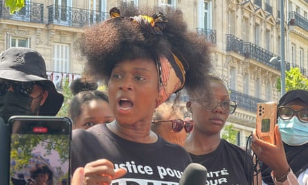 Assa Traore speaks during the demonstration held in memory of her brother Adama on 8 July 2023 in Paris.