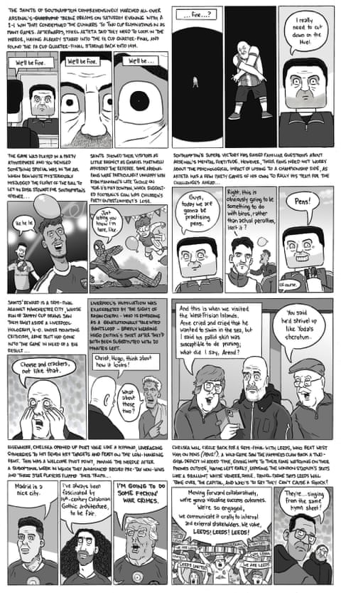 David Squires cartoon on the FA Cup quarter finals in 2026, panel 1