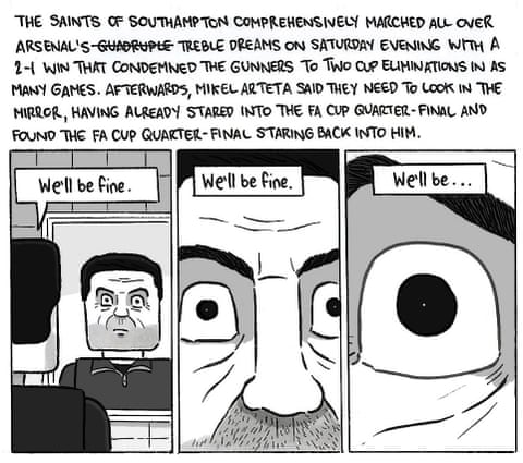 David Squires cartoon on the FA Cup quarter finals in 2026, panel 1