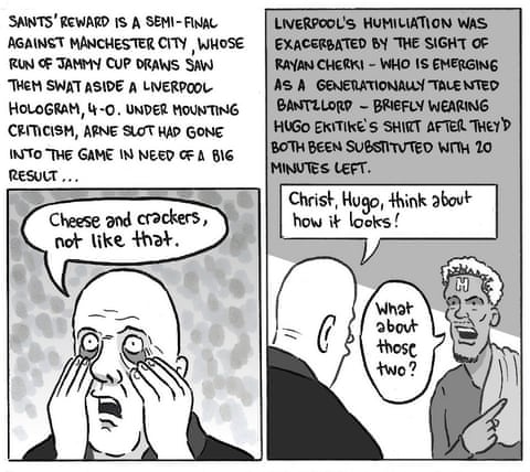 David Squires cartoon on the FA Cup quarter finals in 2026, panel 5