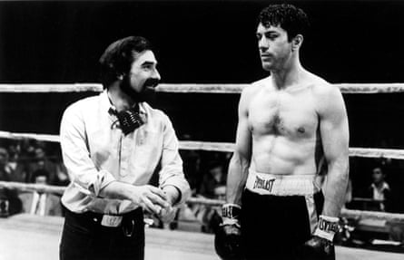 Martin Scorsese on set with Robert de Niro during the filming of Raging Bull.