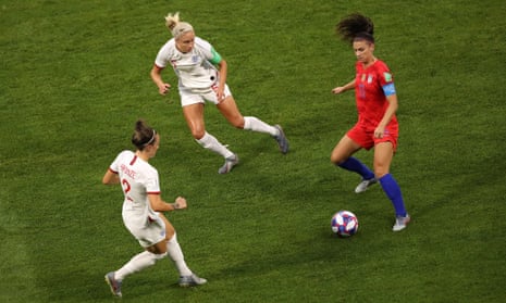Alex Morgan (right) takes on England’s Lucy Bronze and Steph Houghton during USA’s 2-1 World Cup semi-final win in 2019.