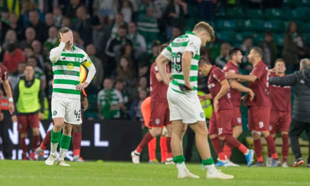 Celtic’s Callum McGregor and James Forrest show their dejection after Cluj knocked the Scottish champions out of the Champions League qualifying stages.