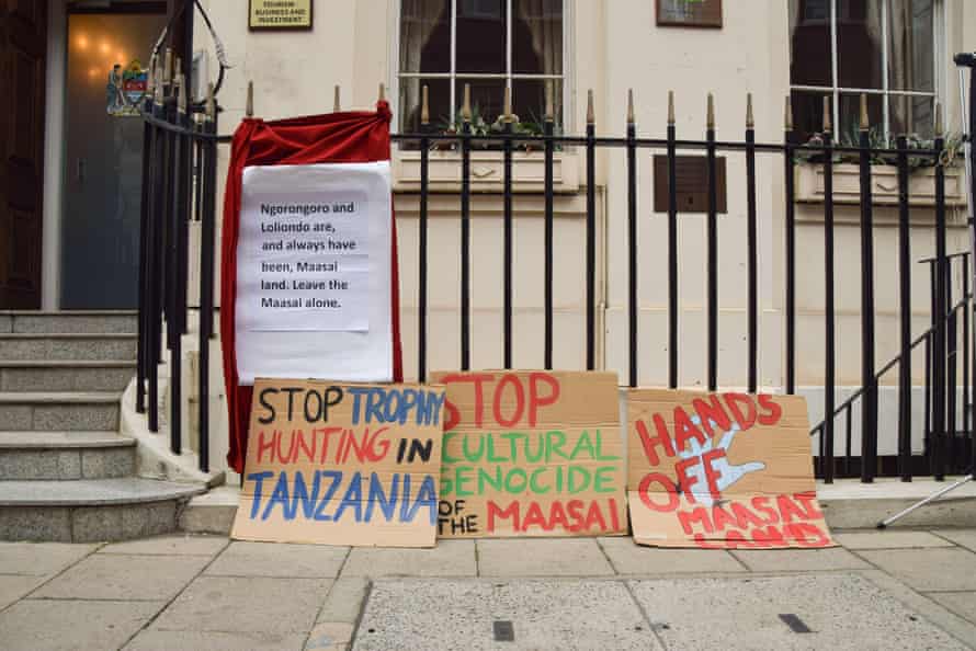 Signs protesting against trophy hunting outside the Tanzania high commission in London