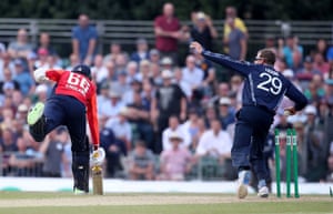 Leask celebrates after stumping Root for 29.