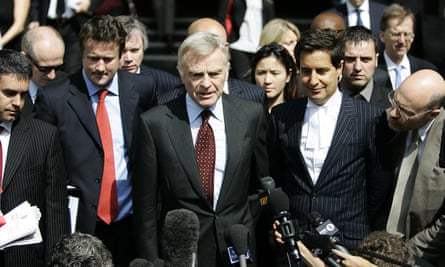 Max Mosley (centre) speaks to the press after winning his case against the News of the World in 2008.