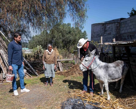 Flores calms down a donkey while his son Raul holds buckets with carrots and oats