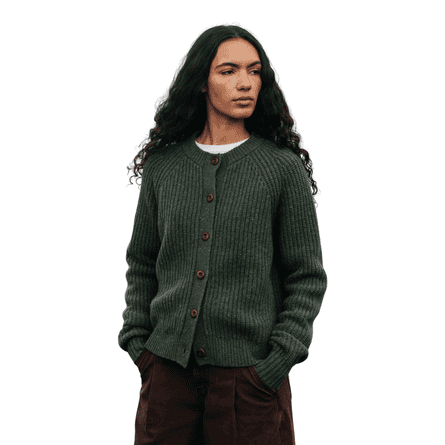 Women’s Finisterre Mora Crew Neck Cardigan Merino wool crew neck cardigan in evergreen