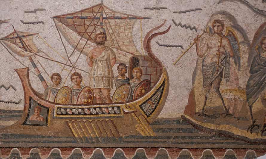 An ancient Roman mosaic of Odysseus on his ship