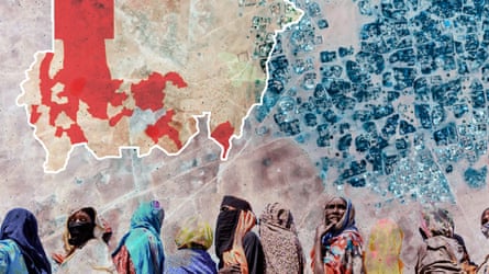 Map of Sudan and Sudanese refugees queuing for food