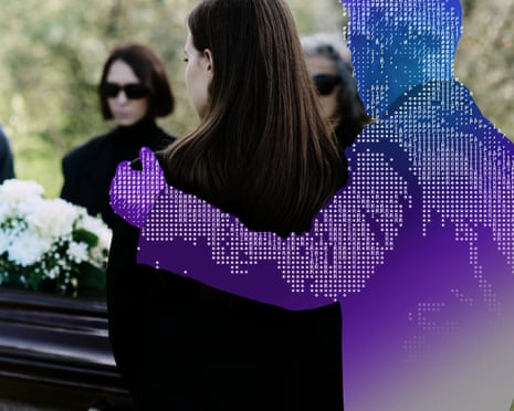 Back view of a digital man built out of code and blue light, embracing his grieving loved one at funeral