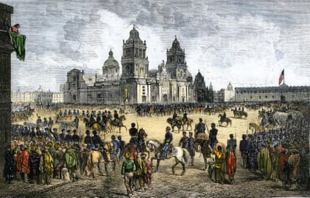 A hand-coloured woodcut showing select cavalry and infantry outside the walls of a fortified palace
