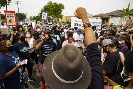 Hundreds of protesters gather in Los Angeles in September 2020 after Dijon Kizzee was killed in August by deputies.