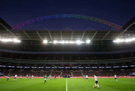 The Wembley arch lights up in rainbow colours in support of the Stonewall Rainbow Laces campaign earlier this season.