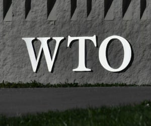 A sign of the World Trade Organization (WTO) is seen at the organisation headquarters in Geneva on April 12, 2018.