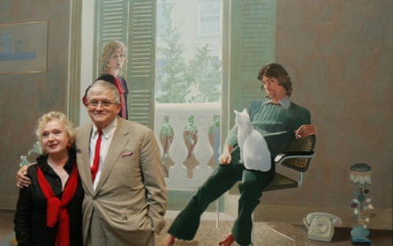 Birtwell and Hockney in front of Mr and Mrs Clark and Percy at the National Portrait Gallery in London