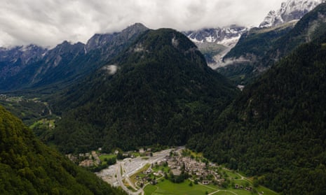 An aerial view of the village of Bondo, located at the border between Italy and Switzerland. Two years ago, 3 million cubic meters of rock fell down the mountain, killing eight hikers and triggering a chain reaction that caused massive flooding that destroyed bridges, roads and homes. 