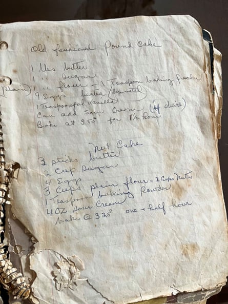 yellowed paper with a recipe for pound cake written on it