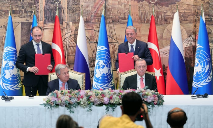 Turkish President Recep Tayyip Erdogan and UN Secretary-General, Antonio Guterres attend the signing ceremony of the Initiative on the Safe Transportation of Grain and Foodstuffs Ukrainian Ports Document, which unblocks Ukrainian grain exports, in Istanbul, Turkiye on July 22, 2022.