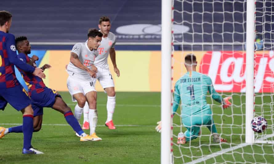 Philippe Coutinho scores Bayern Munich’s eighth goal – his second of the game – against his parent club Barcelona in the 8-2 thrashing in Portugal last August.