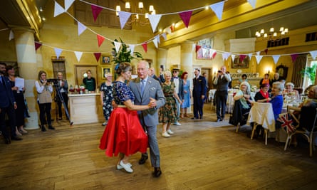 Charles dances with Bridget Tibbs during a jubilee dance in the tearooms at Highgrove.