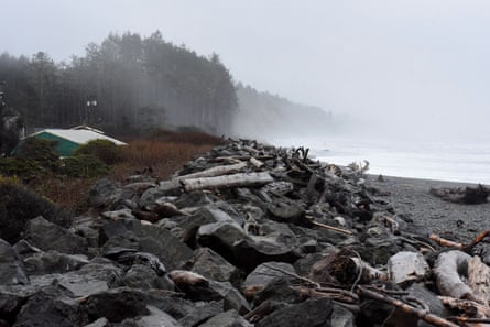 A sea wall, damaged by storm surges and high tides, stands along the coastline near Quinault Indian Nation’s main village.