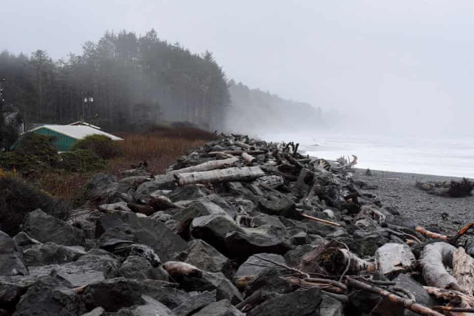 A sea wall, damaged by storm surges and high tides, stands along the coastline near Quinault Indian Nation’s main village.