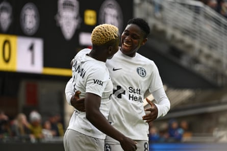Bay FC forwards Asisat Oshoala (right) and Racheal Kundananji celebrate after a goal against Washington Spirit in last year’s NWSL playoffs.